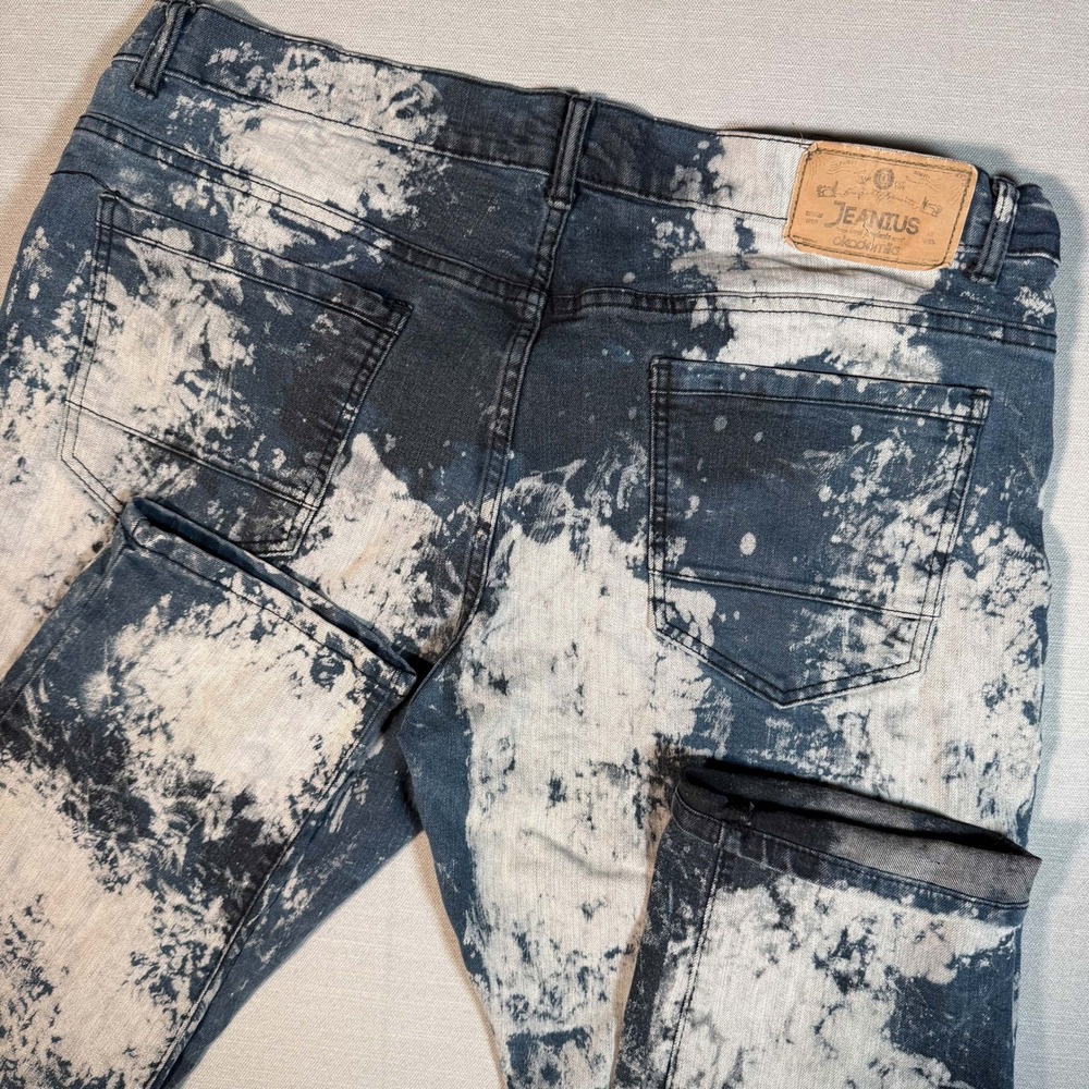 Men 38 Acid Wash Biker Jeans Jeanius Akademiks Blue White Moto Zipper Streetwear